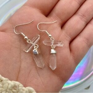 Crystal Clear Quartz Point Earrings Dangle Drop Silver Tone Healing Metaphysical